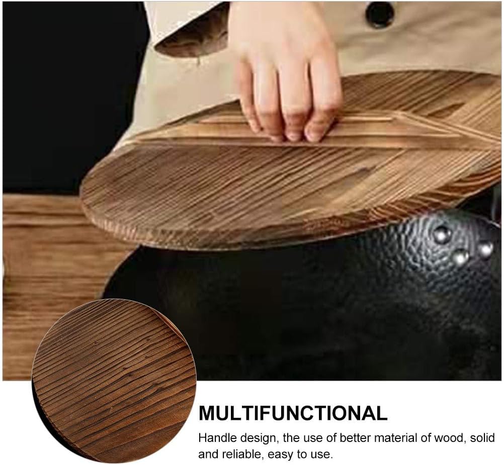 Cabilock 11 Inch Wooden Wok Lid with Handle - Anti-Hot & Anti-Spillover Pan Cover for Frying Pans & Cookware