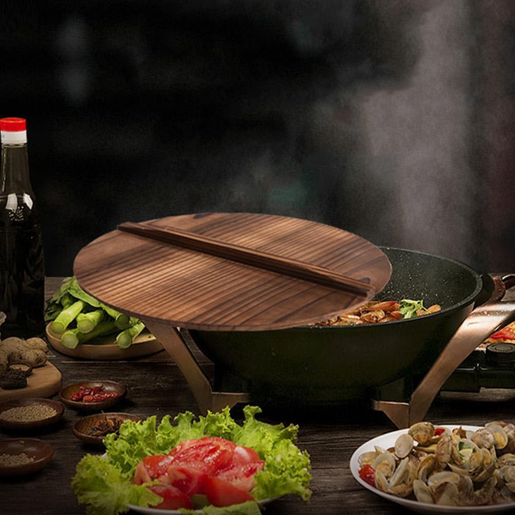 Cabilock 11 Inch Wooden Wok Lid with Handle - Anti-Hot & Anti-Spillover Pan Cover for Frying Pans & Cookware