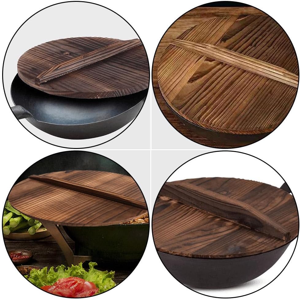 Cabilock 11 Inch Wooden Wok Lid with Handle - Anti-Hot & Anti-Spillover Pan Cover for Frying Pans & Cookware