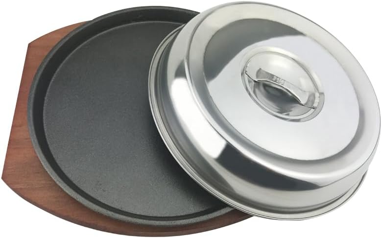 Cabilock 21cm Cast Iron Steak Plate with Wooden Base and Cover - Perfect for Household and Restaurant Grilling Servers