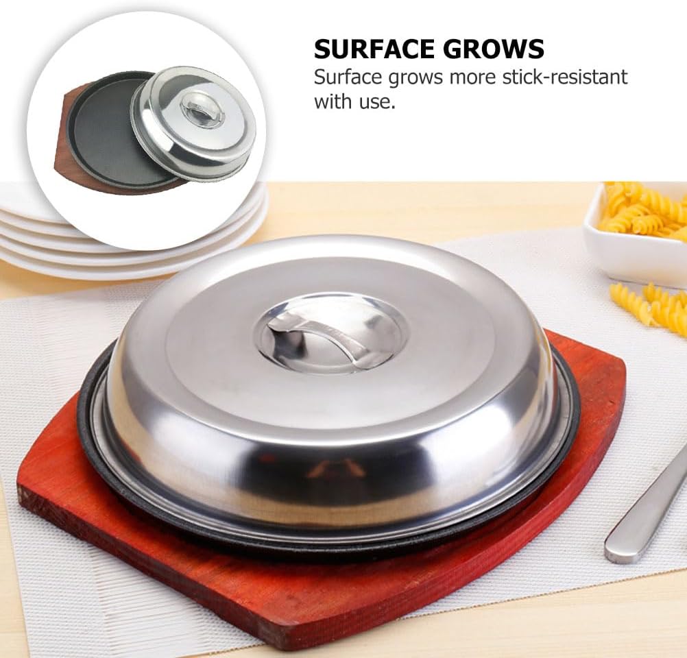 Cabilock 21cm Cast Iron Steak Plate with Wooden Base and Cover - Perfect for Household and Restaurant Grilling Servers