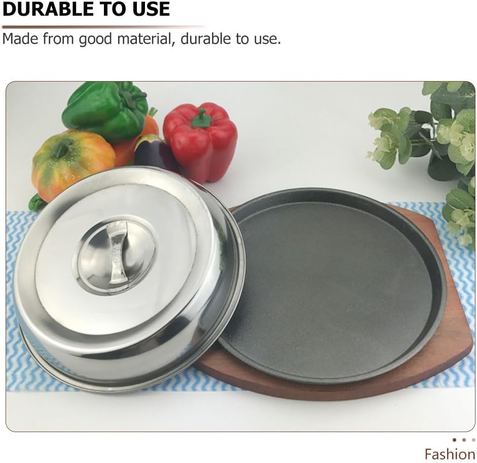 Cabilock 21cm Cast Iron Steak Plate with Wooden Base and Cover - Perfect for Household and Restaurant Grilling Servers