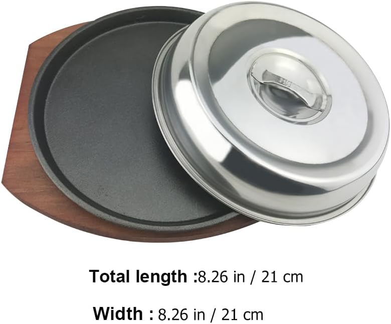 Cabilock 21cm Cast Iron Steak Plate with Wooden Base and Cover - Perfect for Household and Restaurant Grilling Servers