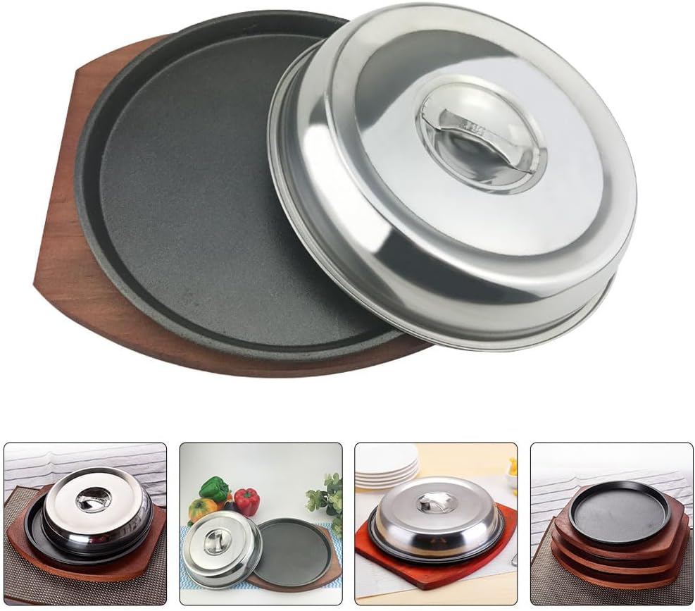 Cabilock 21cm Cast Iron Steak Plate with Wooden Base and Cover - Perfect for Household and Restaurant Grilling Servers
