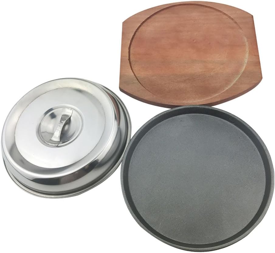 Cabilock 21cm Cast Iron Steak Plate with Wooden Base and Cover - Perfect for Household and Restaurant Grilling Servers