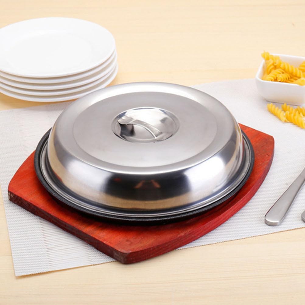 Cabilock 21cm Cast Iron Steak Plate with Wooden Base and Cover - Perfect for Household and Restaurant Grilling Servers