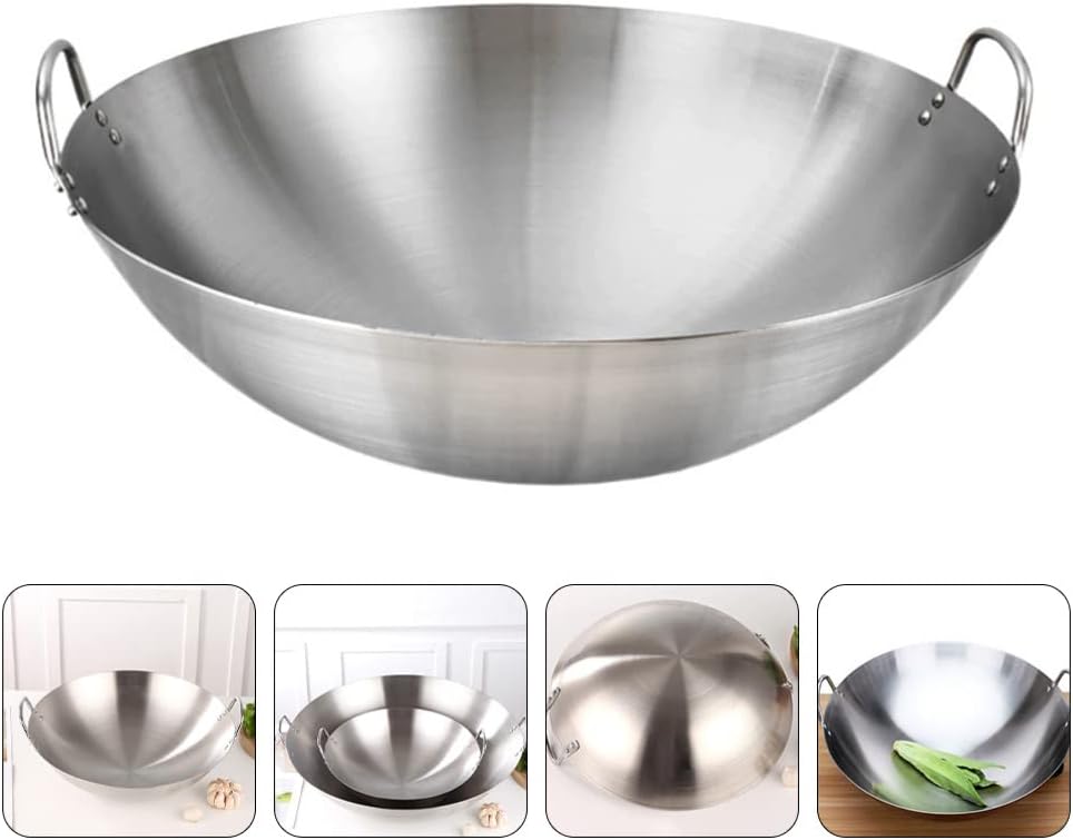 Cabilock 28cm Stainless Steel Wok Pan with Double Handles for Chinese and Japanese Cooking