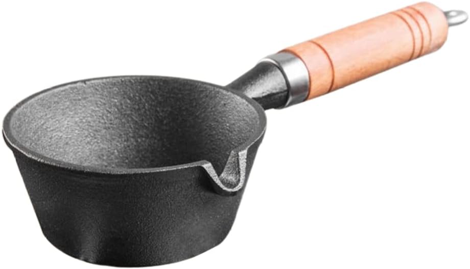 Cabilock Nonstick Cast Iron Sauce Pan Pot with Wood Handle - Small Size for Cooking Oil, Milk, Candy, Chocolate - Basting, Baking, and Melting Pot
