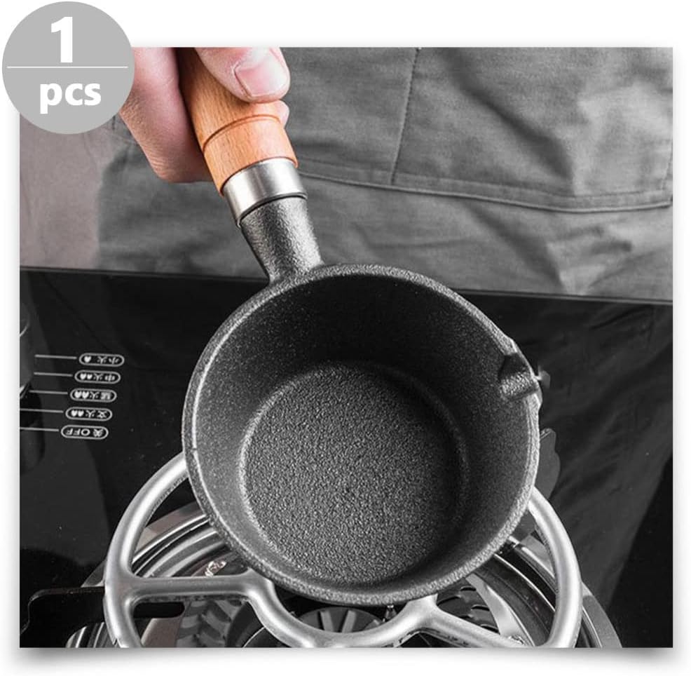 Cabilock Nonstick Cast Iron Sauce Pan Pot with Wood Handle - Small Size for Cooking Oil, Milk, Candy, Chocolate - Basting, Baking, and Melting Pot