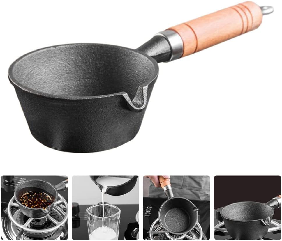 Cabilock Nonstick Cast Iron Sauce Pan Pot with Wood Handle - Small Size for Cooking Oil, Milk, Candy, Chocolate - Basting, Baking, and Melting Pot
