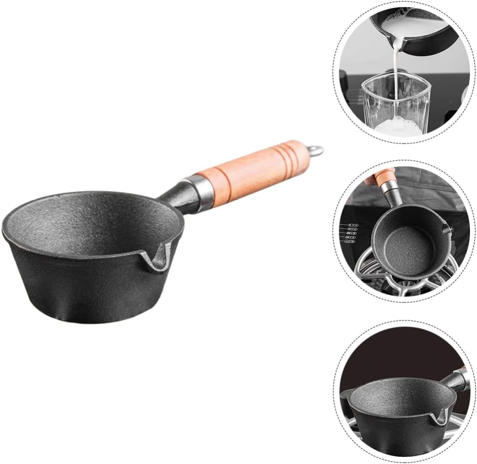 Cabilock Nonstick Cast Iron Sauce Pan Pot with Wood Handle - Small Size for Cooking Oil, Milk, Candy, Chocolate - Basting, Baking, and Melting Pot
