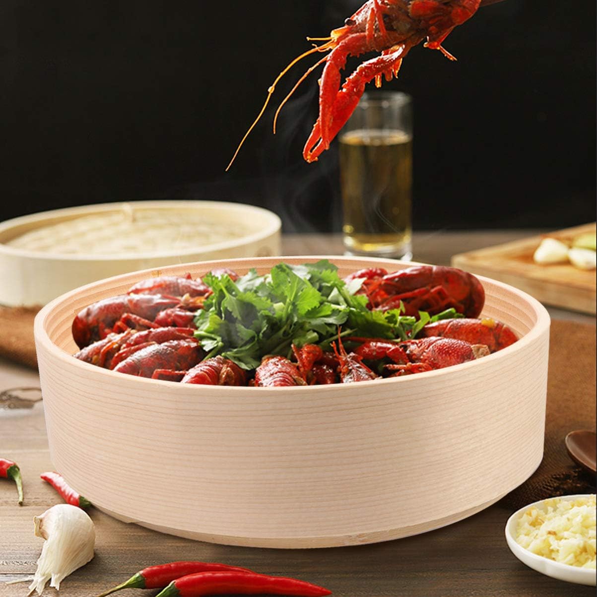 Cabilock White Pine Wood Bamboo Steamer Basket for Steaming Buns and Food