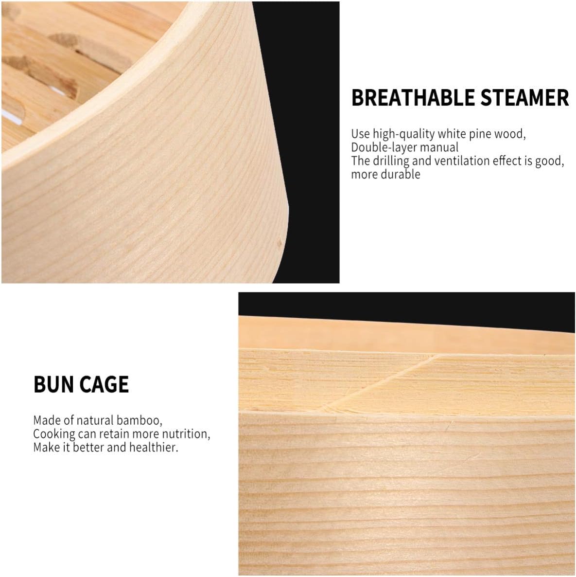 Cabilock White Pine Wood Bamboo Steamer Basket for Steaming Buns and Food