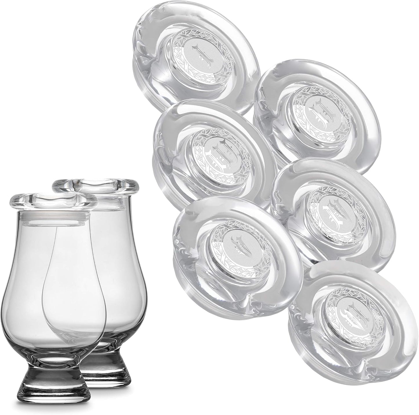 CairnCraft Glass Whiskey Glassware Caps - Set of 6 Numeral Engraved CairnCover Lids for Tasting Glasses