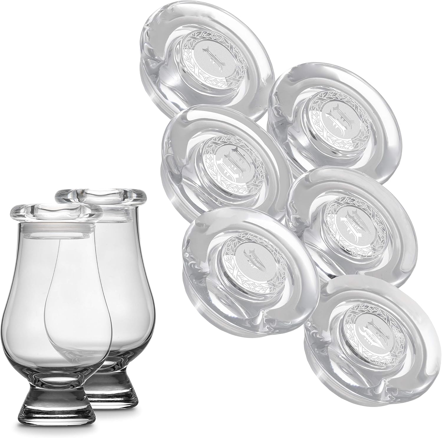 CairnCraft Glass Whiskey Glassware Caps - Set of 6 Numeral Engraved CairnCover Lids for Tasting Glasses