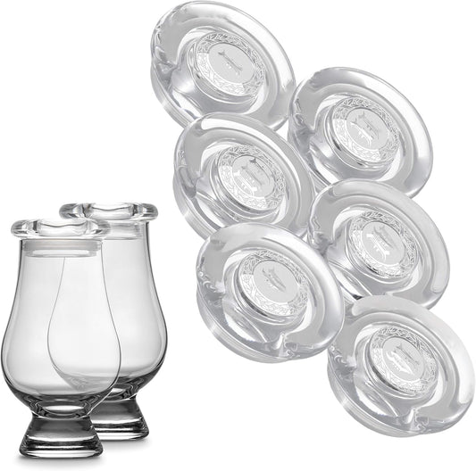 CairnCraft Glass Whiskey Glassware Caps - Set of 6 Numeral Engraved CairnCover Lids for Tasting Glasses