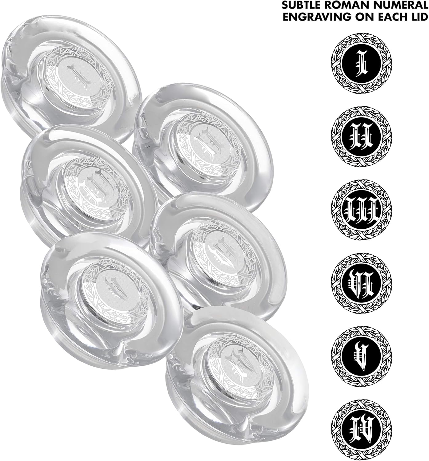 CairnCraft Glass Whiskey Glassware Caps - Set of 6 Numeral Engraved CairnCover Lids for Tasting Glasses