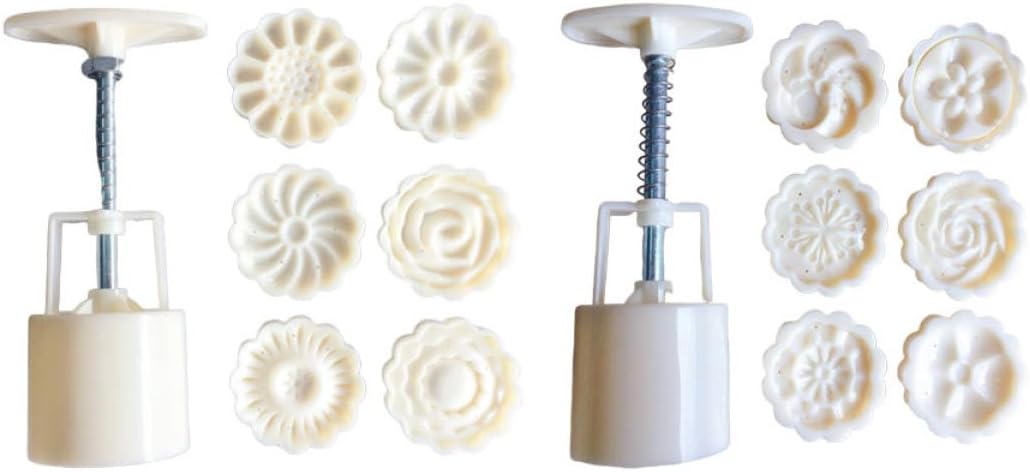 Cake Decorating Kit with Mold, Stamps, Cookie Press, Turntable, and Baking Equipment - 2 Sets for Cheesecake, Biscuits, and Moon Cakes - White Mold for Cake Decorations