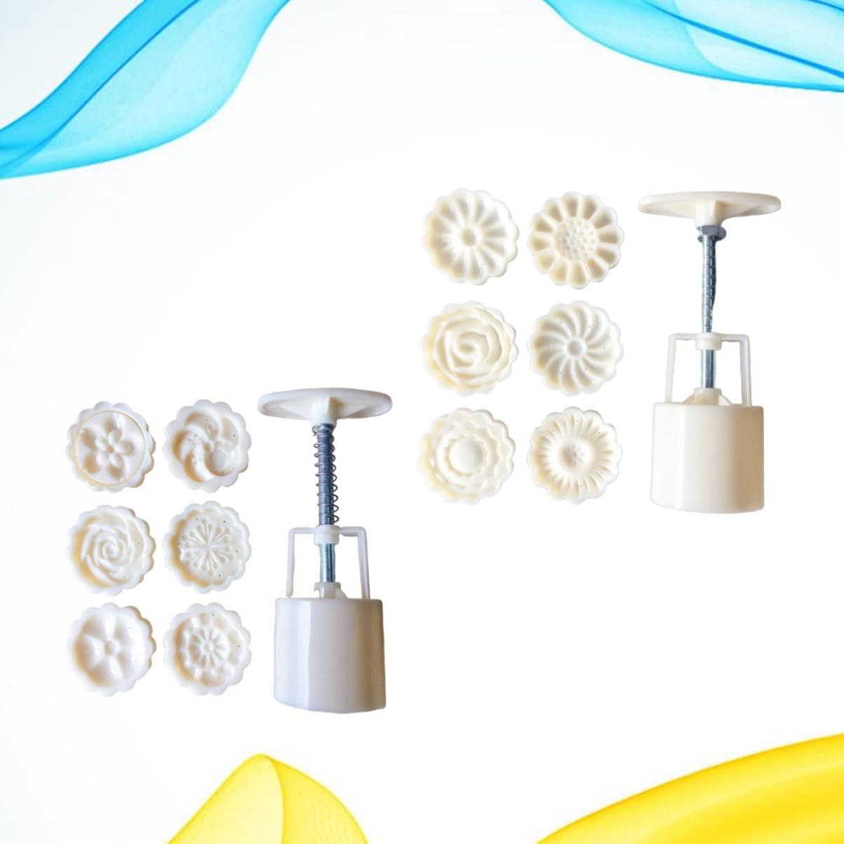 Cake Decorating Kit with Mold, Stamps, Cookie Press, Turntable, and Baking Equipment - 2 Sets for Cheesecake, Biscuits, and Moon Cakes - White Mold for Cake Decorations