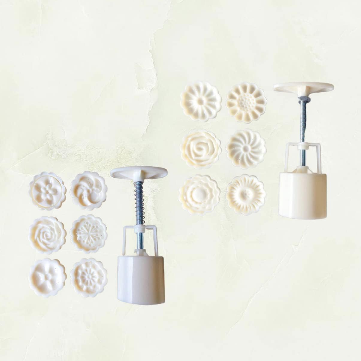 Cake Decorating Kit with Mold, Stamps, Cookie Press, Turntable, and Baking Equipment - 2 Sets for Cheesecake, Biscuits, and Moon Cakes - White Mold for Cake Decorations