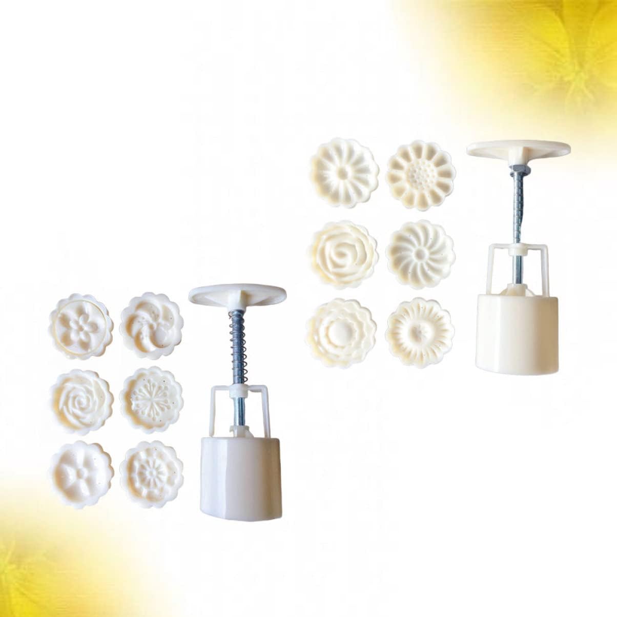 Cake Decorating Kit with Mold, Stamps, Cookie Press, Turntable, and Baking Equipment - 2 Sets for Cheesecake, Biscuits, and Moon Cakes - White Mold for Cake Decorations