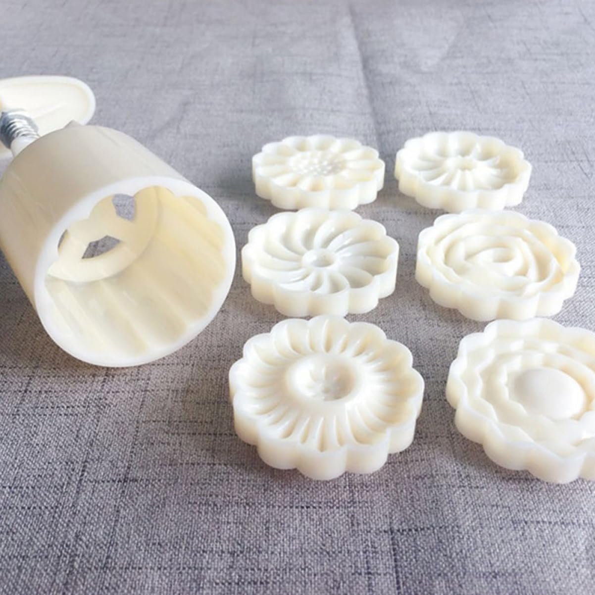 Cake Decorating Kit with Mold, Stamps, Cookie Press, Turntable, and Baking Equipment - 2 Sets for Cheesecake, Biscuits, and Moon Cakes - White Mold for Cake Decorations