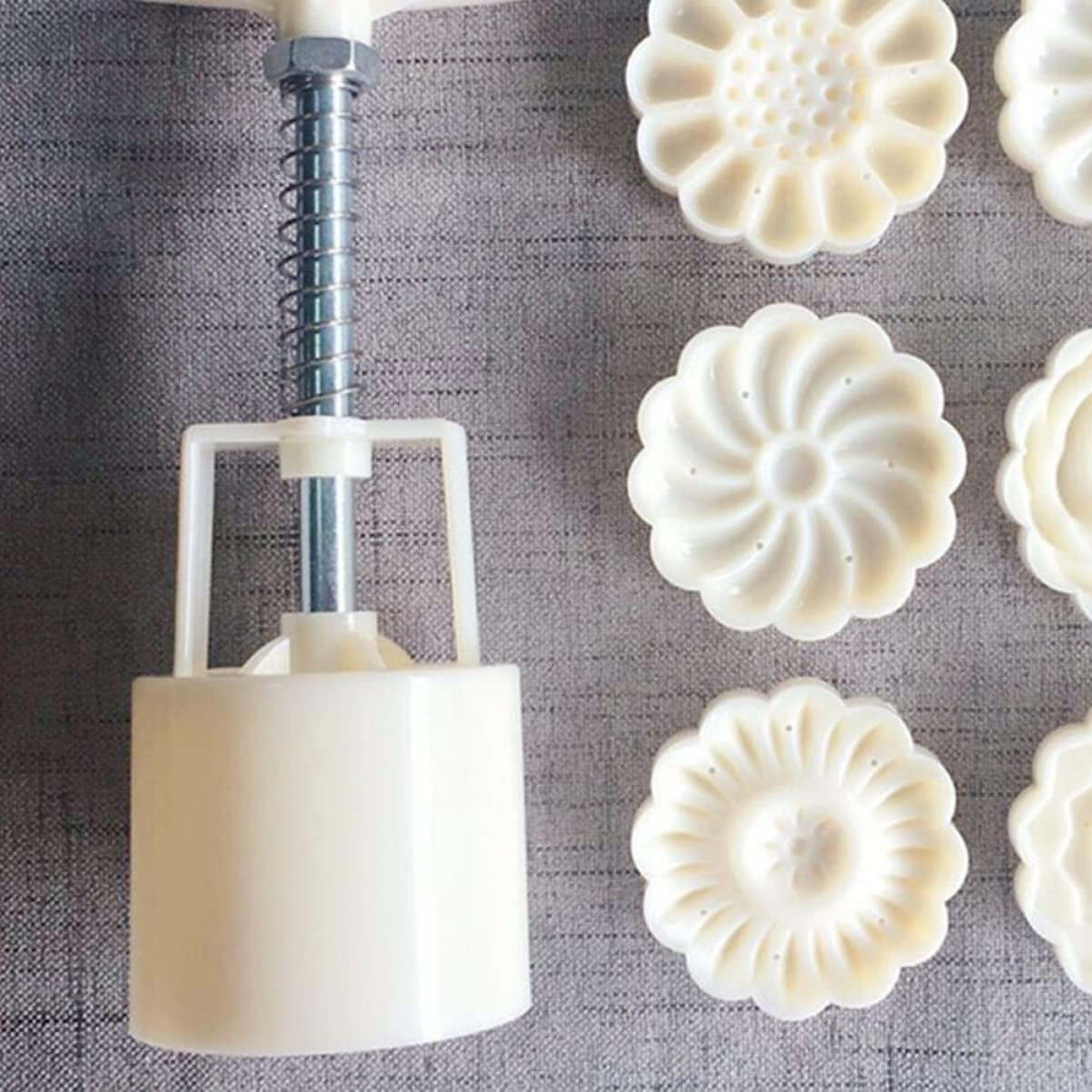 Cake Decorating Kit with Mold, Stamps, Cookie Press, Turntable, and Baking Equipment - 2 Sets for Cheesecake, Biscuits, and Moon Cakes - White Mold for Cake Decorations