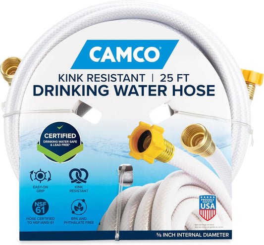 Camco TastePURE 25-Ft RV Drinking Water Hose - Lead, BPA, and Phthalate-Free - Diamond-Hatch Reinforced PVC Design - Made in USA - 5/8” Diameter