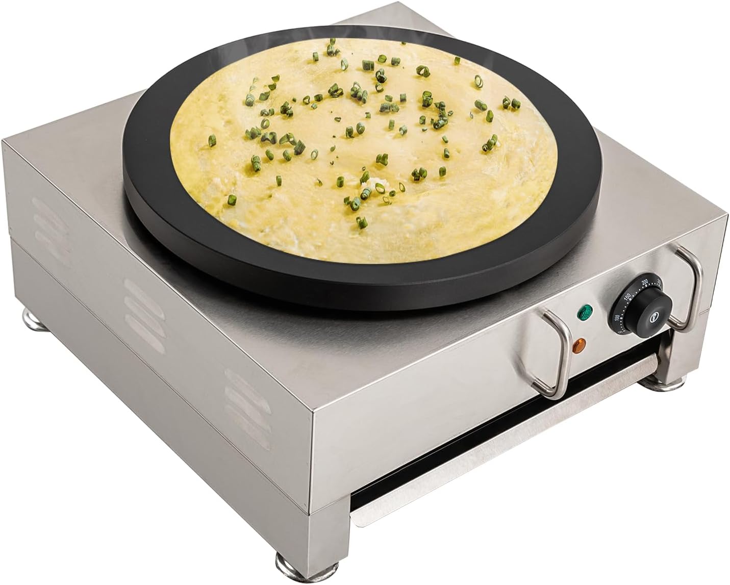 CapBoator 15" Commercial Electric Crepe Maker - Stainless Steel Non-Stick Pancake Machine with 6 Temperature Control Settings - Portable Griddle for Breakfast - Eggs, Bacon, Crepes