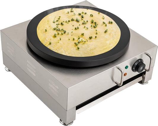 CapBoator 15" Commercial Electric Crepe Maker - Stainless Steel Non-Stick Pancake Machine with 6 Temperature Control Settings - Portable Griddle for Breakfast - Eggs, Bacon, Crepes