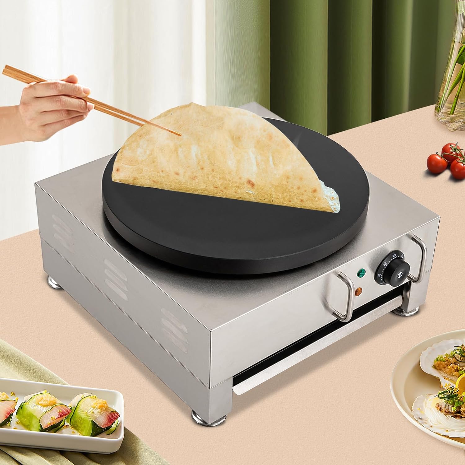 CapBoator 15" Commercial Electric Crepe Maker - Stainless Steel Non-Stick Pancake Machine with 6 Temperature Control Settings - Portable Griddle for Breakfast - Eggs, Bacon, Crepes