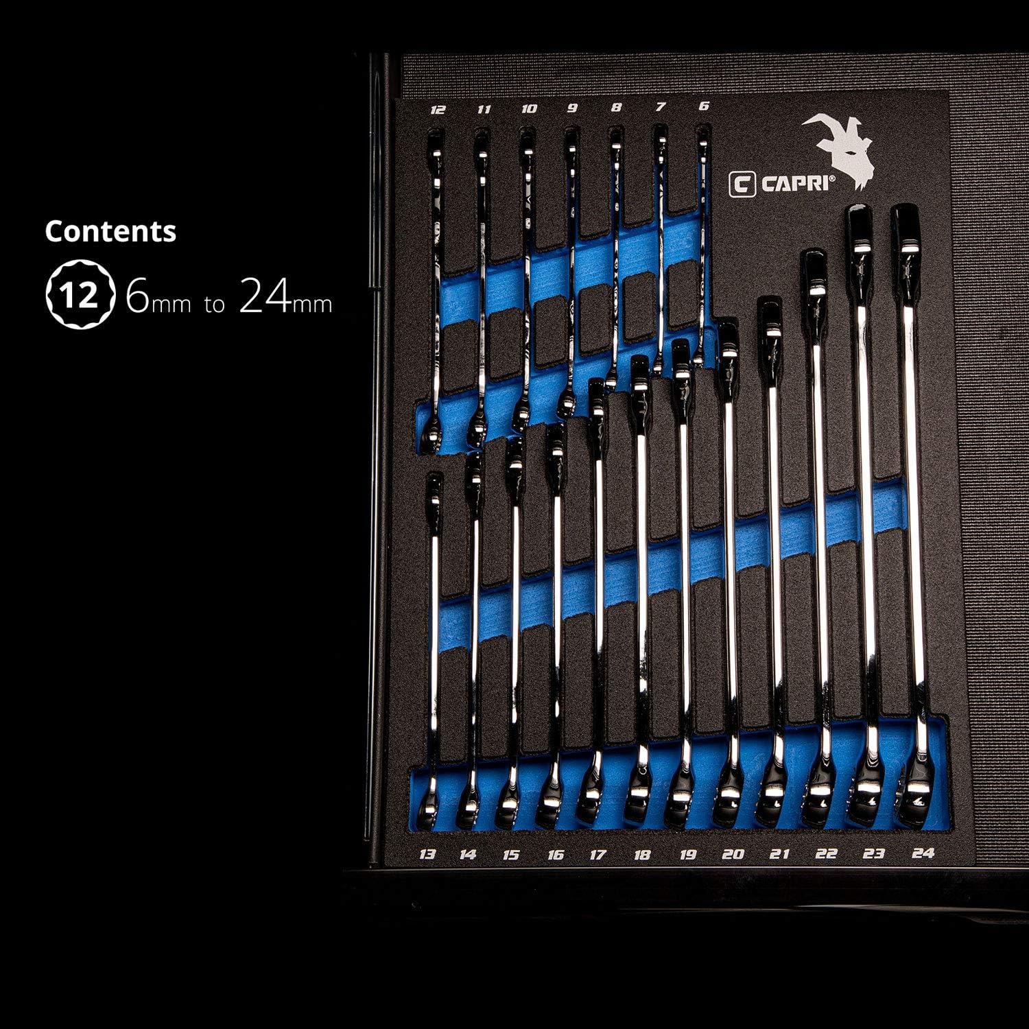 Capri Tools Metric Combination Wrench Set with Mechanic's Tray - 19 Piece Set, 6-24 mm CP11390MT