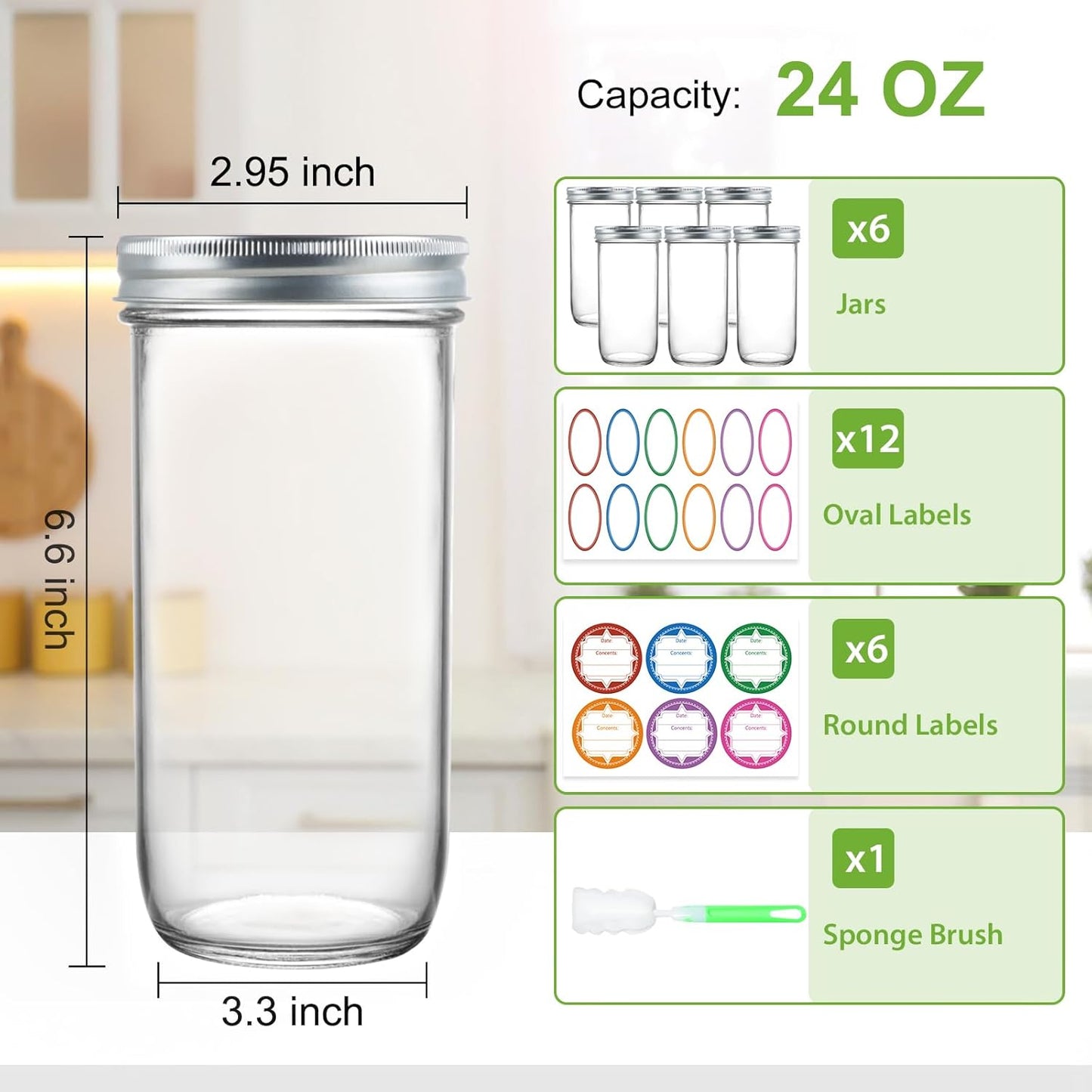CARBLIN 24 oz Wide Mouth Glass Mason Jars - 6 Pack with Airtight Lids and Labels Brush - Ideal for Canning, Fermenting, Pickling, and DIY Projects