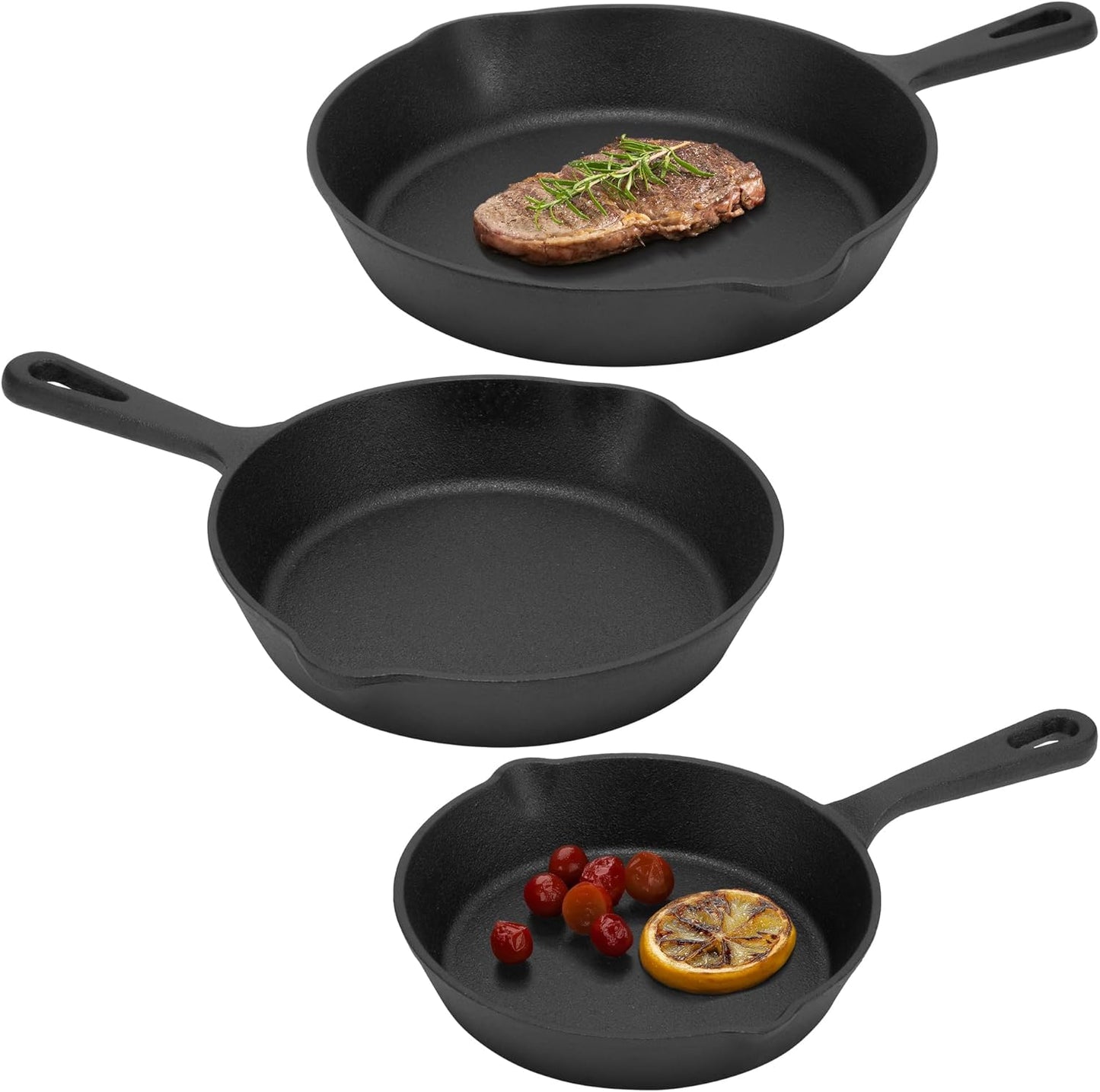 Cast Iron Skillet Set - Durable 3-Piece Pan Set for Frying, Searing, Sautéing - 15cm/20cm/25cm Skillets with Excellent Heat Retention - All-in-One Cookware Pot Set