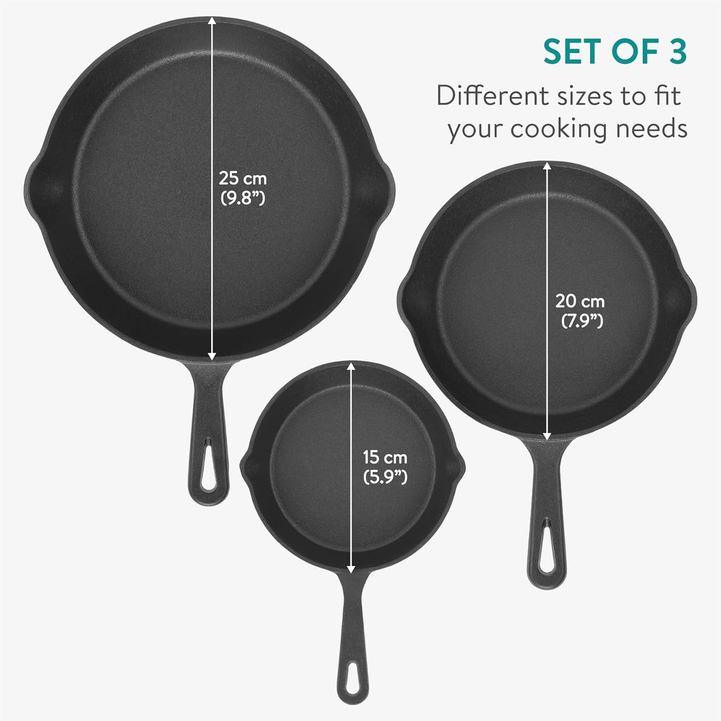 Cast Iron Skillet Set - Durable 3-Piece Pan Set for Frying, Searing, Sautéing - 15cm/20cm/25cm Skillets with Excellent Heat Retention - All-in-One Cookware Pot Set