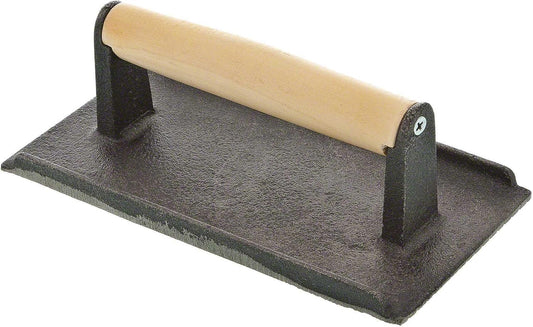 Cast Iron Steak Weight with Wooden Handle - Grill Press for Bacon, Burgers, Sandwiches - 4 1/8" x 8 1/4" Meat Press for Griddles
