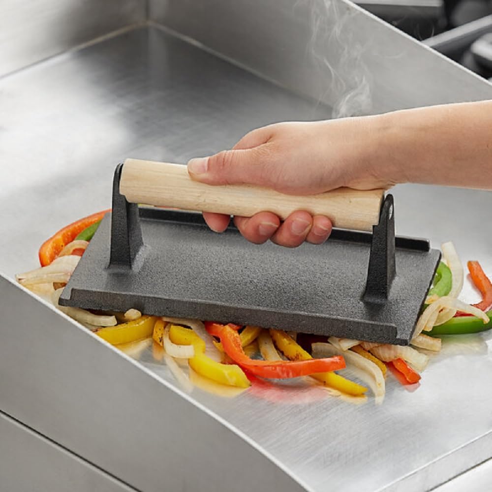 Cast Iron Steak Weight with Wooden Handle - Grill Press for Bacon, Burgers, Sandwiches - 4 1/8" x 8 1/4" Meat Press for Griddles