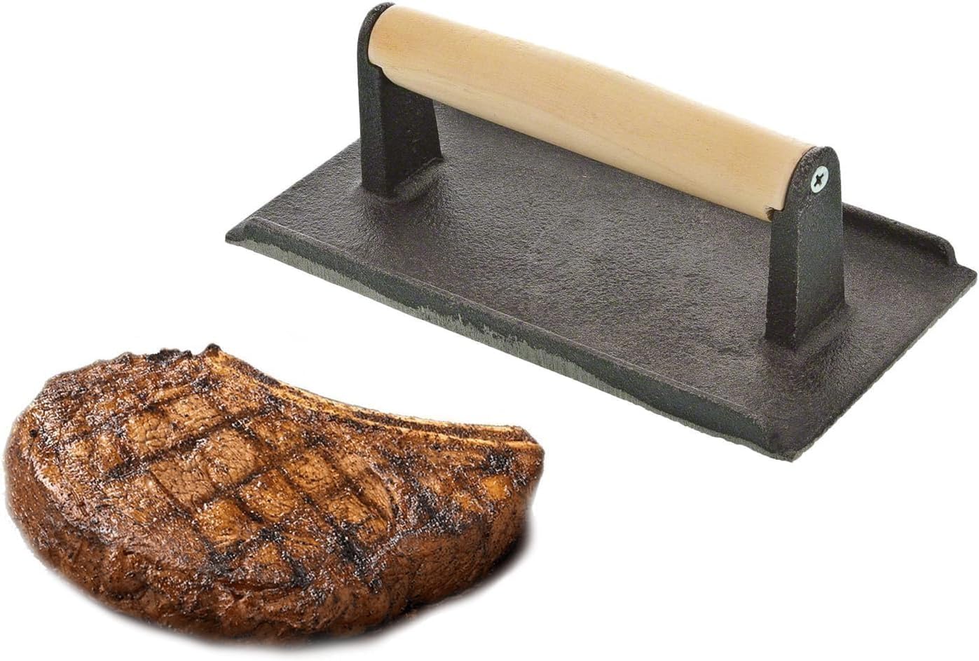Cast Iron Steak Weight with Wooden Handle - Grill Press for Bacon, Burgers, Sandwiches - 4 1/8" x 8 1/4" Meat Press for Griddles