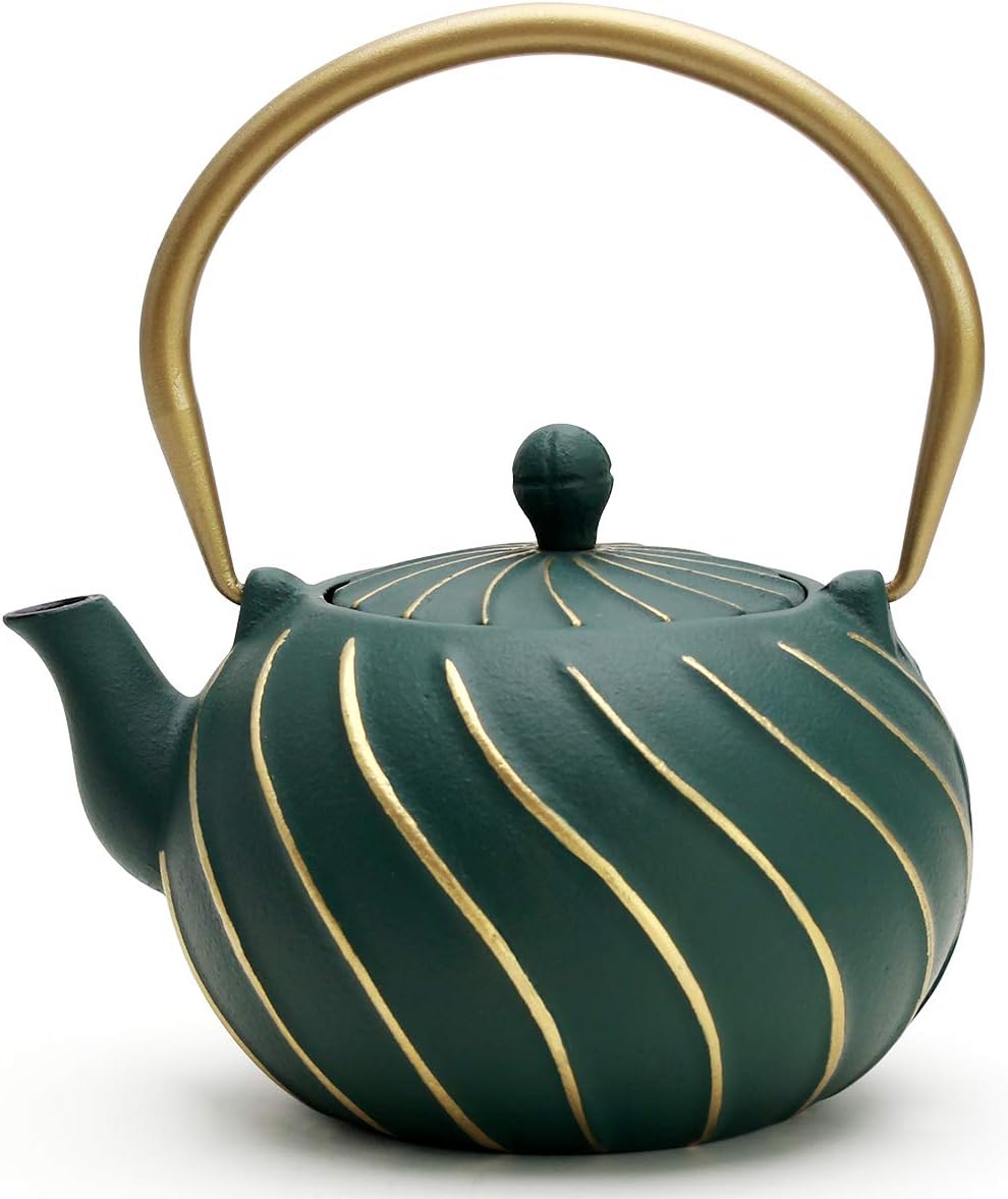 Cast Iron Tea Kettle with Infuser, Stovetop Safe Wave Design Teapot - 30 oz (900 ml), Green Enameled Interior