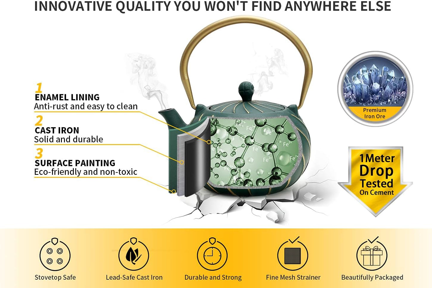 Cast Iron Tea Kettle with Infuser, Stovetop Safe Wave Design Teapot - 30 oz (900 ml), Green Enameled Interior
