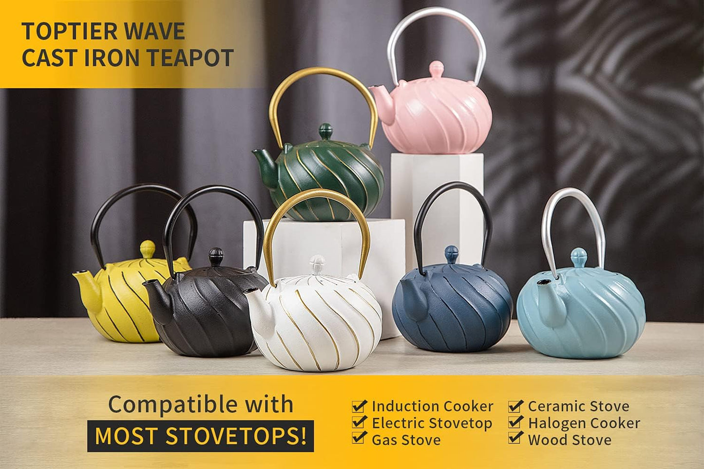 Cast Iron Tea Kettle with Infuser, Stovetop Safe Wave Design Teapot - 30 oz (900 ml), Green Enameled Interior