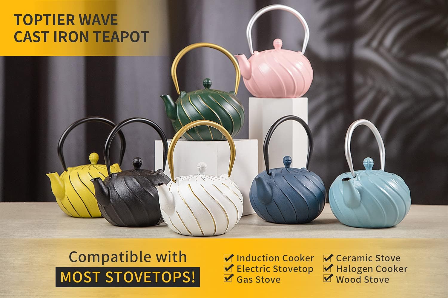 Cast Iron Tea Kettle with Infuser, Stovetop Safe Wave Design Teapot - 30 oz (900 ml), Green Enameled Interior