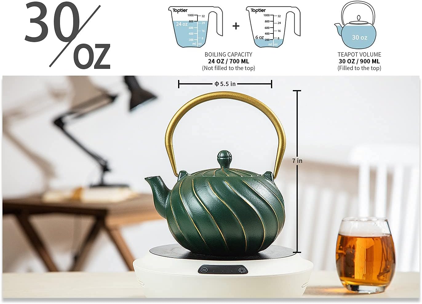 Cast Iron Tea Kettle with Infuser, Stovetop Safe Wave Design Teapot - 30 oz (900 ml), Green Enameled Interior