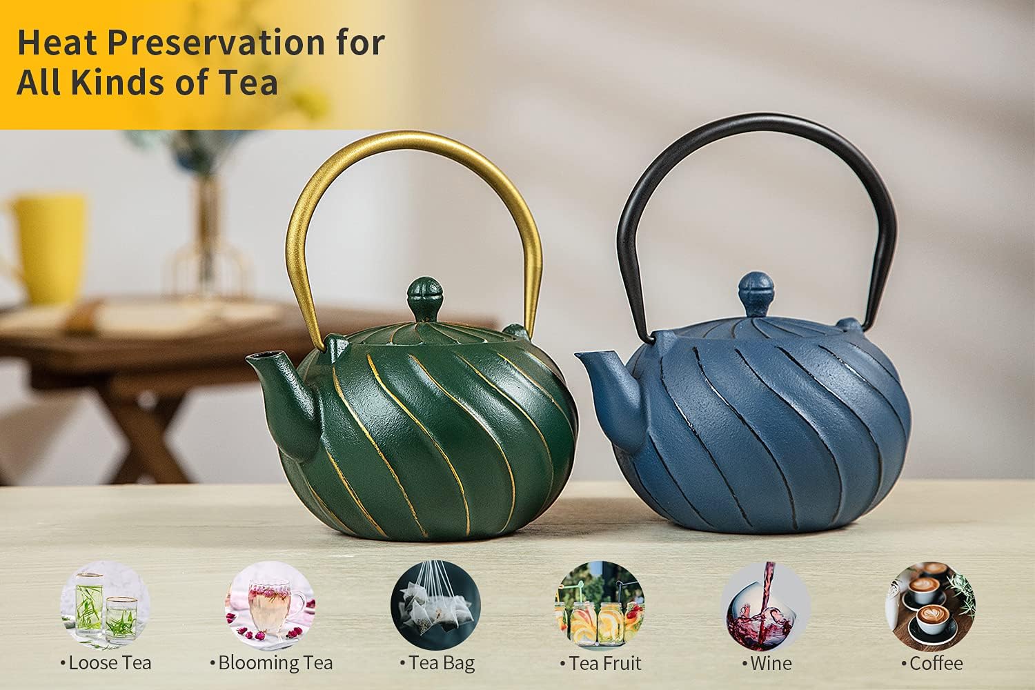 Cast Iron Tea Kettle with Infuser, Stovetop Safe Wave Design Teapot - 30 oz (900 ml), Green Enameled Interior