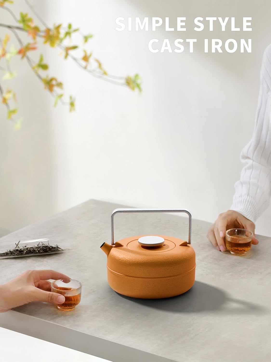 Cast Iron Teapot with Removable Infuser - Stovetop Safe Tea Kettle - Enameled Interior - 27 oz Yellow to Orange