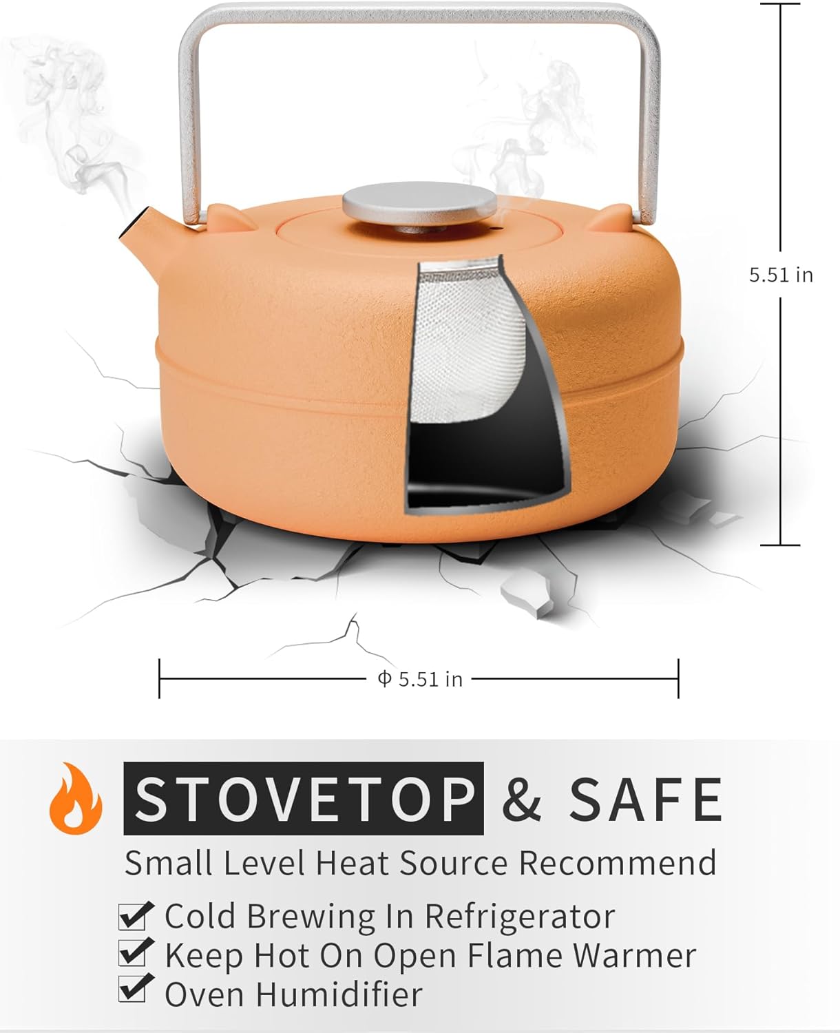 Cast Iron Teapot with Removable Infuser - Stovetop Safe Tea Kettle - Enameled Interior - 27 oz Yellow to Orange