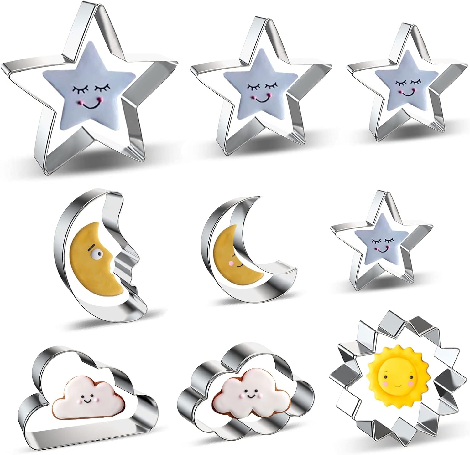 Celestial Night Sky Cookie Cutters Set - Star, Moon, Cloud, Sun - 9 Pieces - Baby Shower, Birthday Party Decoration - Twinkle Twinkle Little Star - 4", 3", 2" Sizes