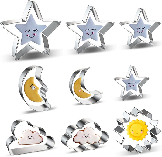 Celestial Night Sky Cookie Cutters Set - Star, Moon, Cloud, Sun - 9 Pieces - Baby Shower, Birthday Party Decoration - Twinkle Twinkle Little Star - 4", 3", 2" Sizes