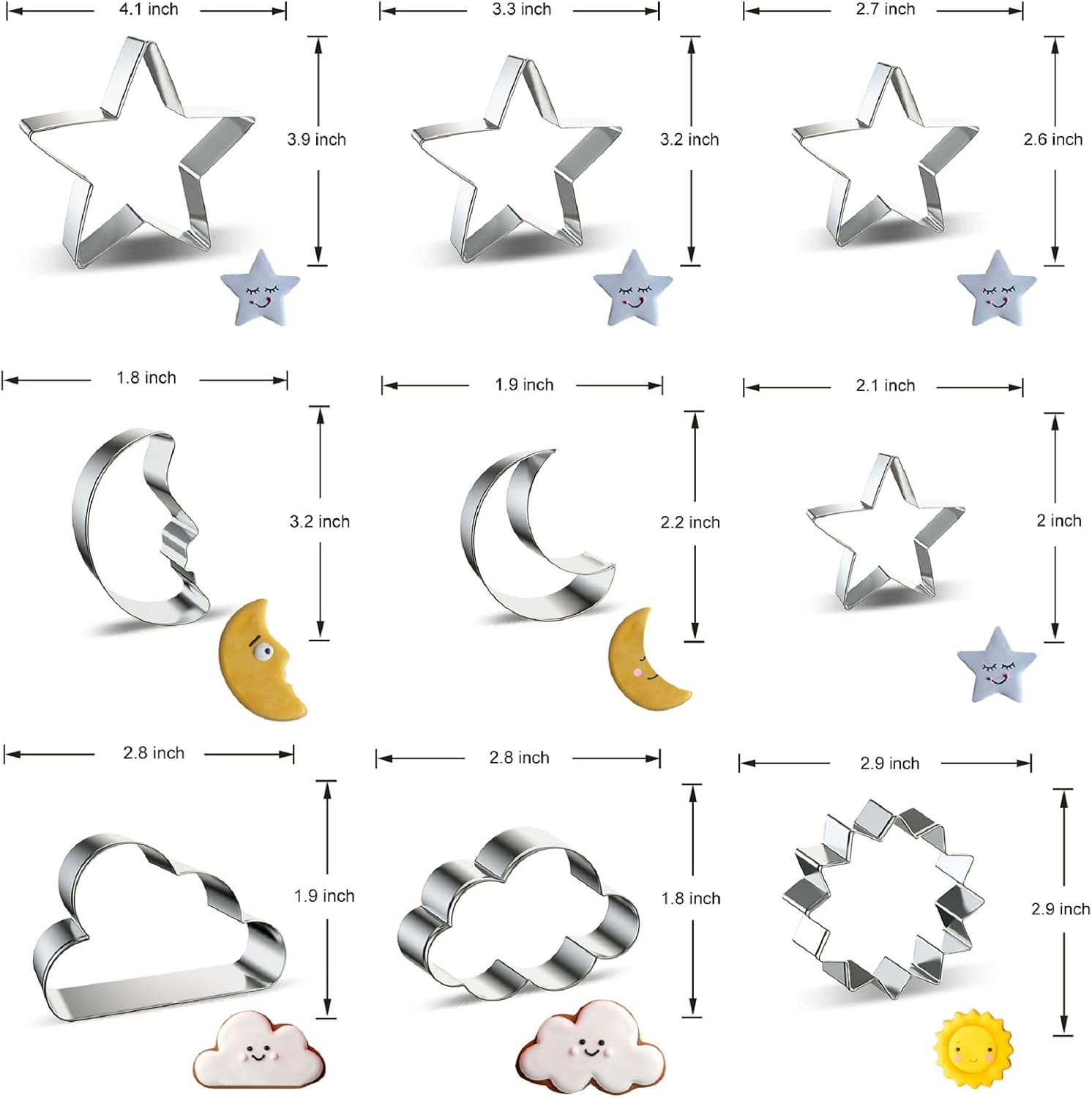 Celestial Night Sky Cookie Cutters Set - Star, Moon, Cloud, Sun - 9 Pieces - Baby Shower, Birthday Party Decoration - Twinkle Twinkle Little Star - 4", 3", 2" Sizes