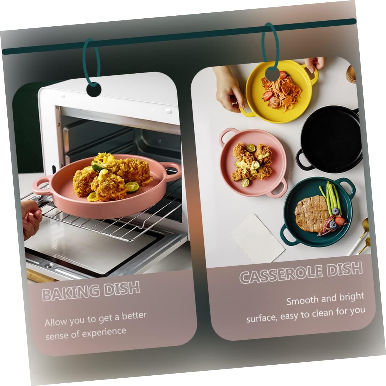 Ceramic Baking Set with Green Landscape Design - Tray, Pan, Quiche Dish, Casserole, Steak Board, Roaster Pan - Pink Cookware for Oven